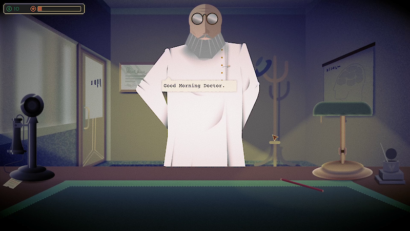 Ingame Screenshot. Begegnung Patientin mit Doktor.