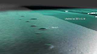 By simulating a potential lake level and depicting a known reference size (a human being) in this perspective view, the real proportions of the site can be conveyed.