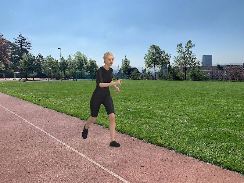 AR-Szene. Digitales Produkt auf einem realen Sportplatz. © ZHdK.