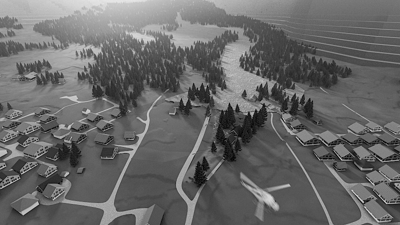 Die Helikopteraufnahme zeigt die Auswirkungen des Murgangs auf das Dorf Kandersteg. Bild: Elena Kaeser © ZHdK.